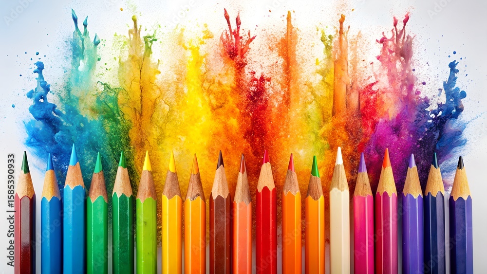 Fototapeta premium Vibrant Rainbow Colored Pencils Exploding in a Colorful Powder Cloud, Creative Art Supplies Stock Photo