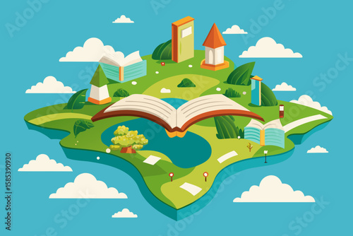 Island Shaped Like an Open Book with Pages as Bridges