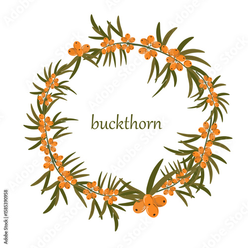 Trendy sea buckthorn wreath template. Hand drawn vector with orange berries and branches. Perfect for invitations, packaging, seasonal decor, and web. Isolated on white.