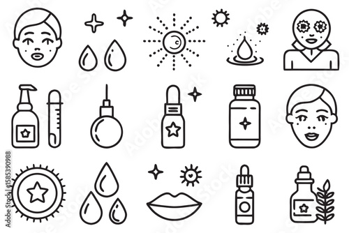 Set of skincare and beauty icons with faces and bottles vector