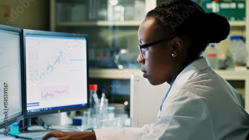 Female scientist wearing a lab coat and glasses, working on data analysis displayed on dual computer screens in a laboratory. Scientific equipment and charts visible.