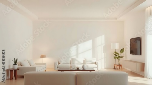 A modern minimalist living room interior with sofa  coffee table  indoor plants  bookshelf  and large window  flat vector style  neutral tones  clean design