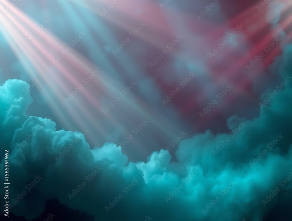 Fototapeta premium Dramatic sky with radiant light beams piercing through vibrant, moody clouds
