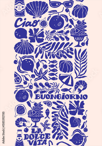 Amalfi coast hand-drawn seamless border with fruits, gelato and drinks. Retro vibes in naive Mediterranean style. Perfect for fabric, kitchen decor and summer food design.