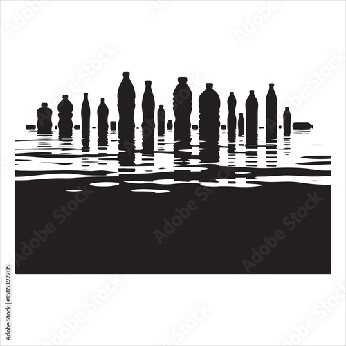 Minimalist black silhouette of plastic bottles polluting the ocean, on a pure white backgroun 