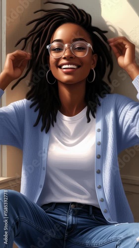 Cheerful young woman with stylish dreadlocks, round glasses, and hoop earrings wearing a light blue cardigan and white t-shirt. Relaxed pose in soft natural lighting.