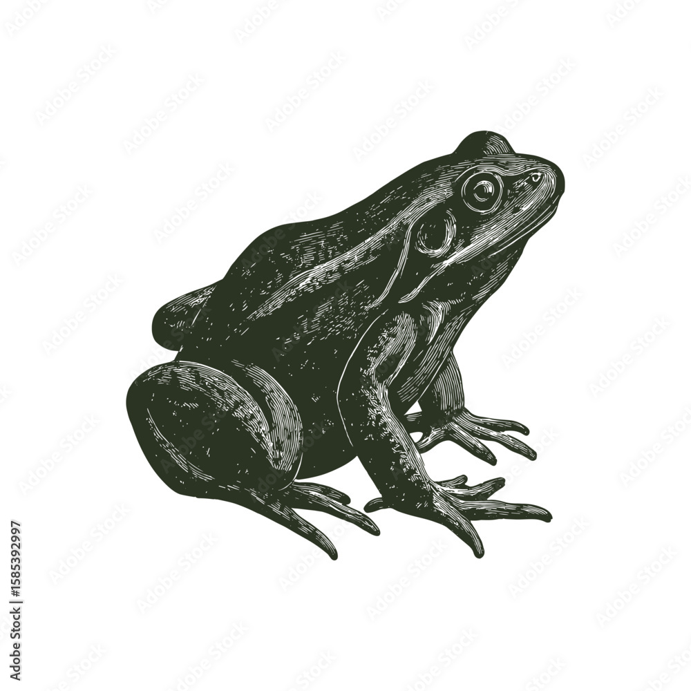 Obraz premium Intricate vector illustration of a frog in profile view. The artwork captures the texture and anatomical details, ideal for nature-themed designs, educational materials, or artistic projects.