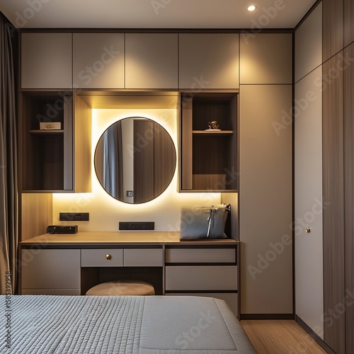 A bedroom with a built in wardrobe Mirror
