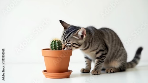 A playful tabby kitten closely inspecting a small cactus in a terracotta pot on a white surface. The scene captures curiosity and innocence in a minimalist indoor setting.