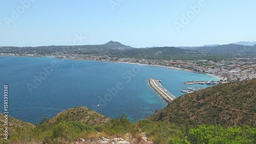 Wide scenic view of the Mediterranean Sea from the cliffside viewpoint at Cape Sant Antoni in Spain, with clear blue water and sky stretching to the horizon