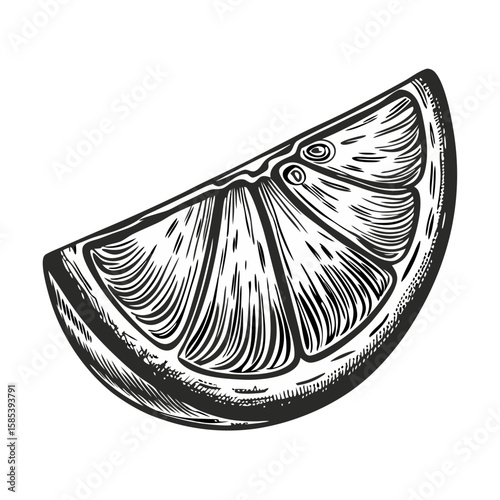 Citrus fruit slice in hand-drawn engraving, showcasing detailed lines and shading, perfect for menu design. Citrus fruit slice, with its distinctive segments and rind texture, brings vibrant zest.