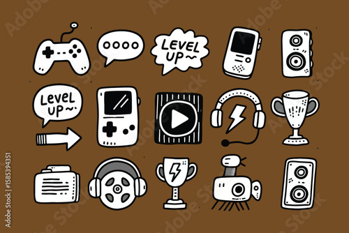 Collection of hand drawn video game icons and elements including controllers trophies and speech bubbles on a brown background