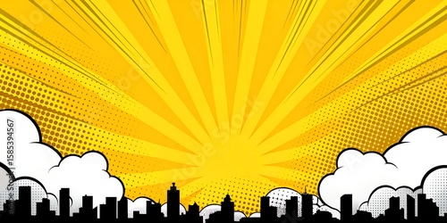 Vibrant comic book cityscape with a black silhouette against a yellow sunburst sky.