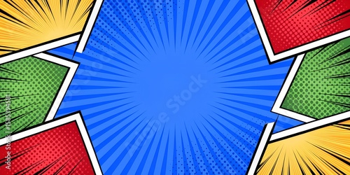 Vibrant Comic Book Style Burst Background with Halftone Dots and Rays