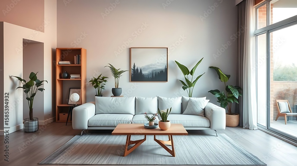 Fototapeta premium A modern minimalist living room interior with sofa, coffee table, indoor plants, bookshelf, and large window, flat vector style, neutral tones, clean design