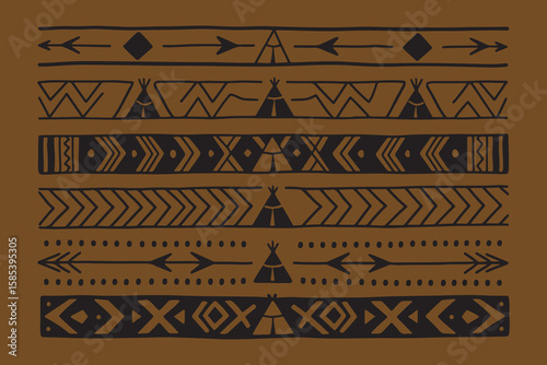 Collection of native american inspired tribal border patterns with arrows teepees and geometric designs