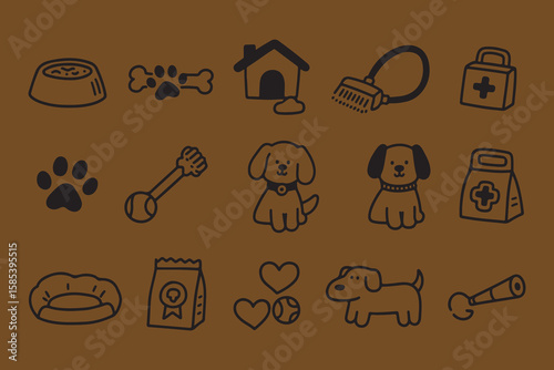 Collection of cute hand drawn dog icons including food bowl bone paw print dog house toys and medical supplies