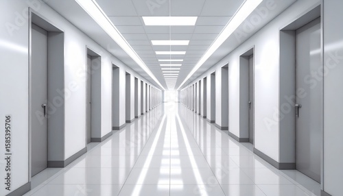 Empty White Hospital Corridor With Bright Lighting