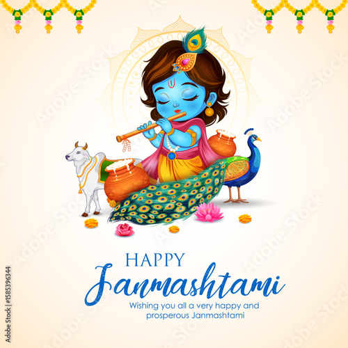 Lord Bal Krishna in the religious festival background of India for Shri Krishna Janmashtami celebration