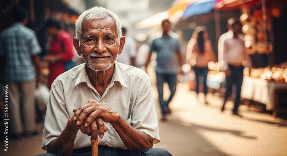 Elderly man seated in a bustling market, a portrait of quiet dignity amidst the vibrant activity. Elderly man seated in a bustling market, a portrait of quiet dignity amidst the vibrant activity.