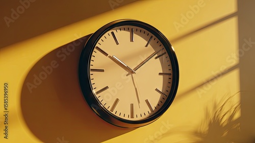 Stylish wall clock against mustard yellow wall
