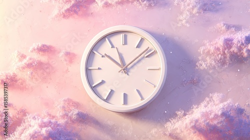 White clock in pink cloud background