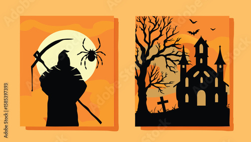 Two halloween themed images featuring a grim reaper, spider, haunted house, bats, and a spooky tree
