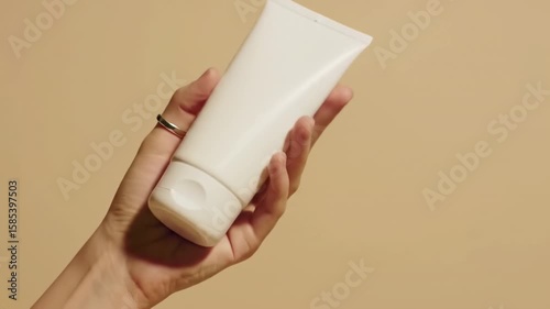 Hand holding a blank white tube of cream