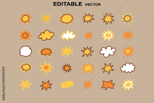 Collection of cute hand drawn sun and cloud icons with a playful cartoonish style and warm color palette