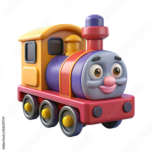 Happy Yellow and Purple Toy Train Character 3D Render