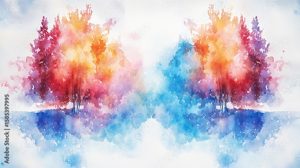 Fototapeta premium Colorful Abstract Watercolor Landscape with Trees and Water