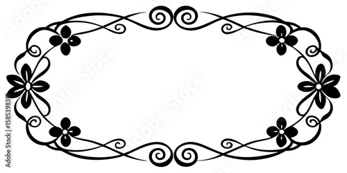 A sophisticated black ink border design showcasing a blend of delicate floral elements and intriguing abstract patterns for elegant creative projects and design enhancements.