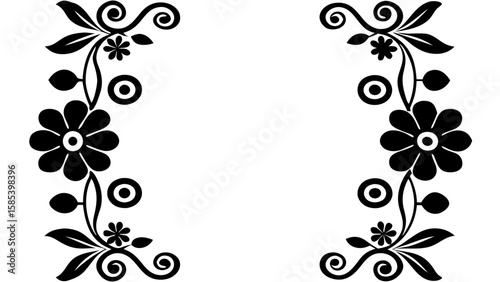A captivating black ink border design showcases floral elegance intertwined with intriguing abstract elements, perfect for adding a touch of sophistication to any creative project.