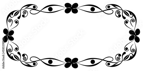 Elegant black ink border design showcasing floral arrangements intertwined with modern abstract elements to create a sophisticated decorative artwork