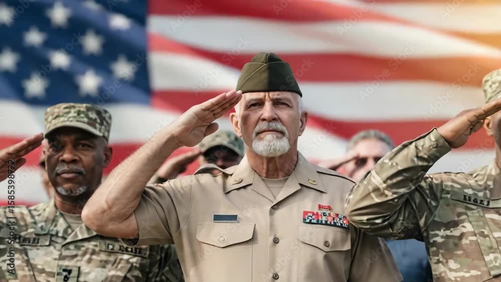 Group of Soldiers and Veterans Saluting at American Flag Ceremony Stock ...