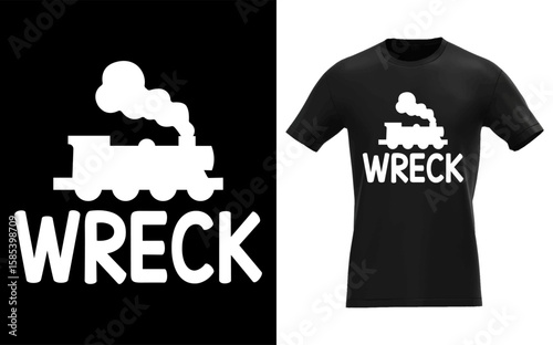 Black tee shirt displays a vintage steam train wreck design; perfect for hobbyists, collectors or train enthusiasts, silhouette