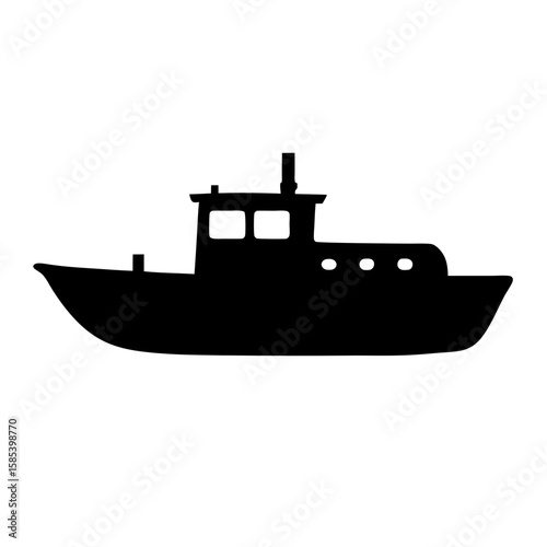 Silhouette of a small fishing boat with cabin windows and smokestack
