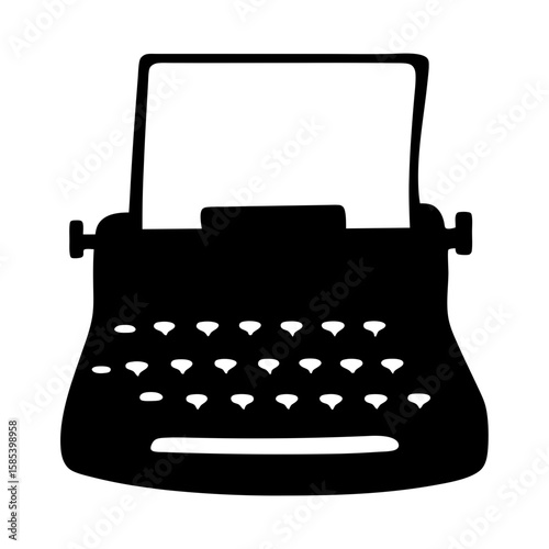 Silhouette of an old fashioned typewriter with paper, isolated on white background