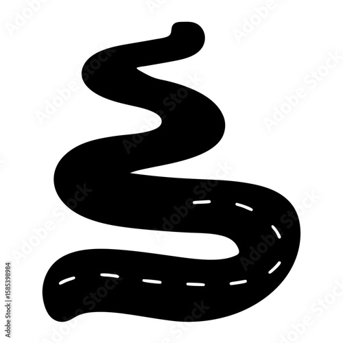 Black and white whimsical winding road with dashed lane markers illustration