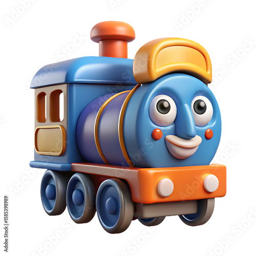 Cheerful Blue Toy Train with Orange Accents and Face 3D Render
