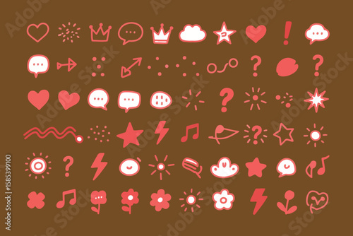 Collection of hand drawn pink icons including hearts stars clouds music notes and speech bubbles on a brown background