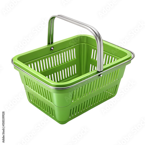 A vibrant green shopping basket with a sleek silver handle is ready for retail therapy and grocery runs isolated on transparent background