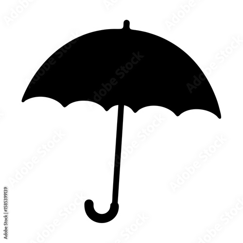 Single black umbrella silhouette with a curved handle on a white background
