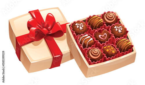 Open beige gift box filled with assorted chocolates, with a red ribbon. Ready to be given for a special occasion. Vector cartoon illustration