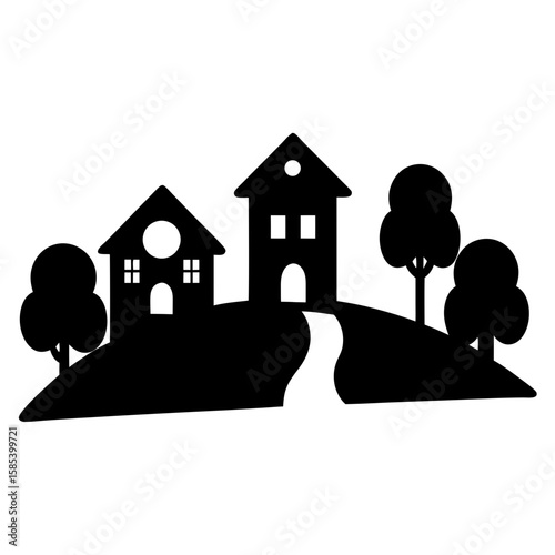 Silhouette of Houses on a Hill with Trees and a Path