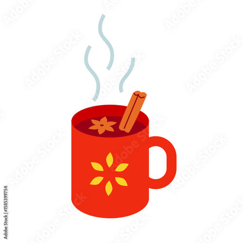 Hot mulled wine illustration. Red mug with steam, cinnamon stick and star anise. Christmas celebration drink.