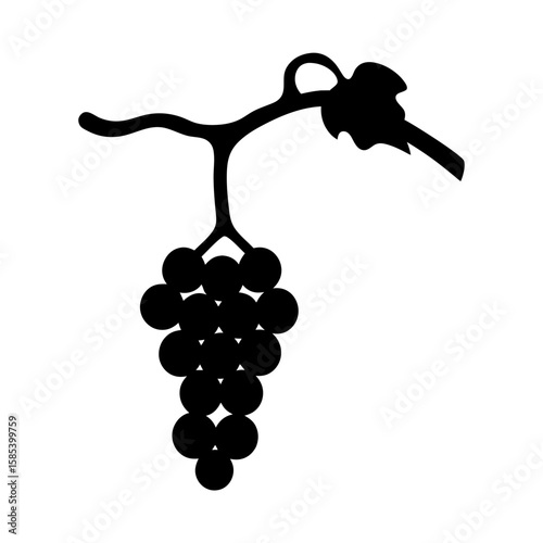 Stylized black silhouette of grapes with leaves hanging from branch