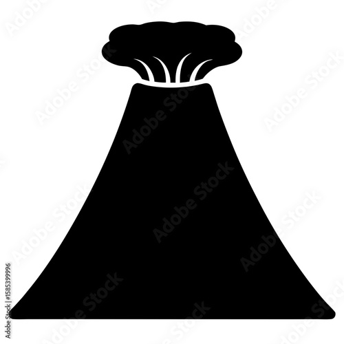 Simple black volcano silhouette with eruption cloud on top of mountain
