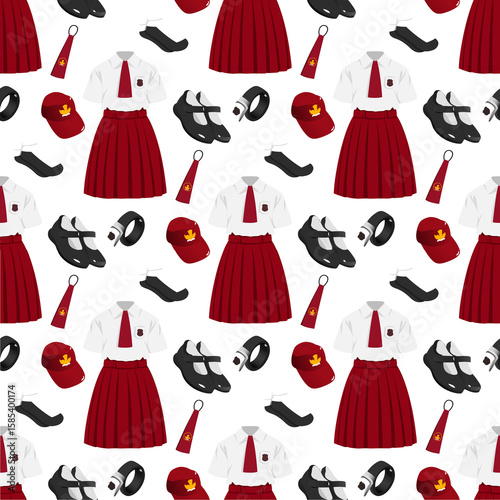Seamless Pattern of Indonesian Elementary School Uniform. Red and White Outfit with Cap and Tie