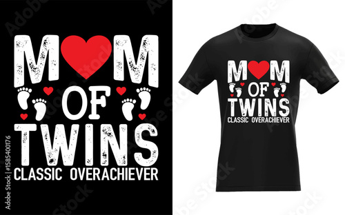 Mom of twins design showcases maternal love and devotion for twins with a heart and footprints, silhouette